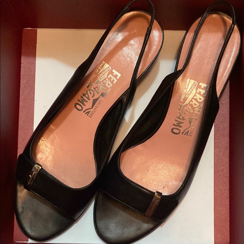 Salvatore Ferragamo Black Patent Leather Slingback Heels